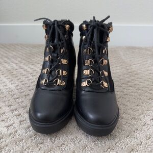 JustFab Black Lace Up Boots with Gold Details